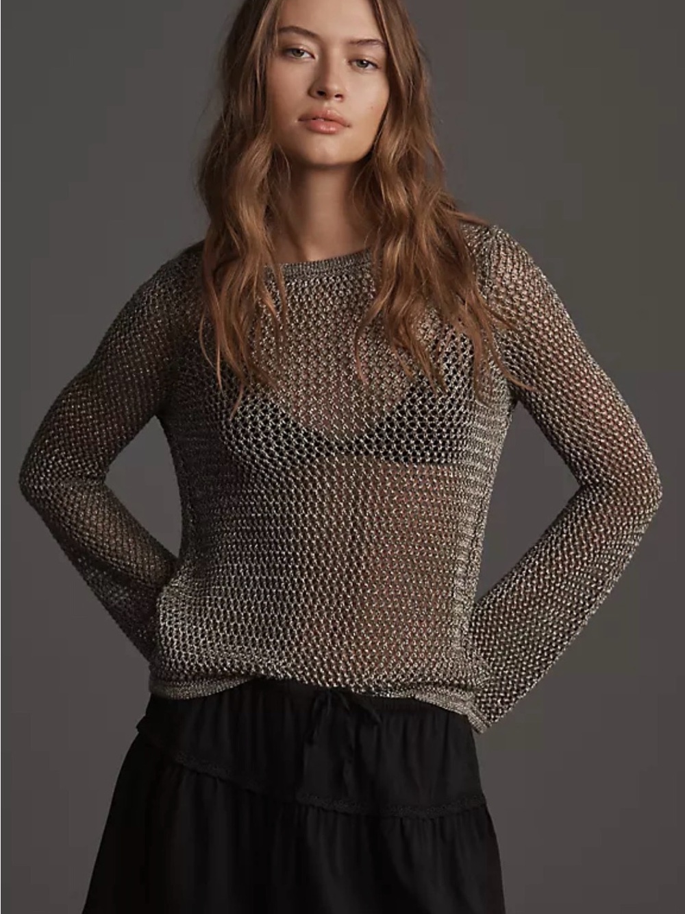 Anthropologie Silver Open-Weave Metallic Knit Sweater